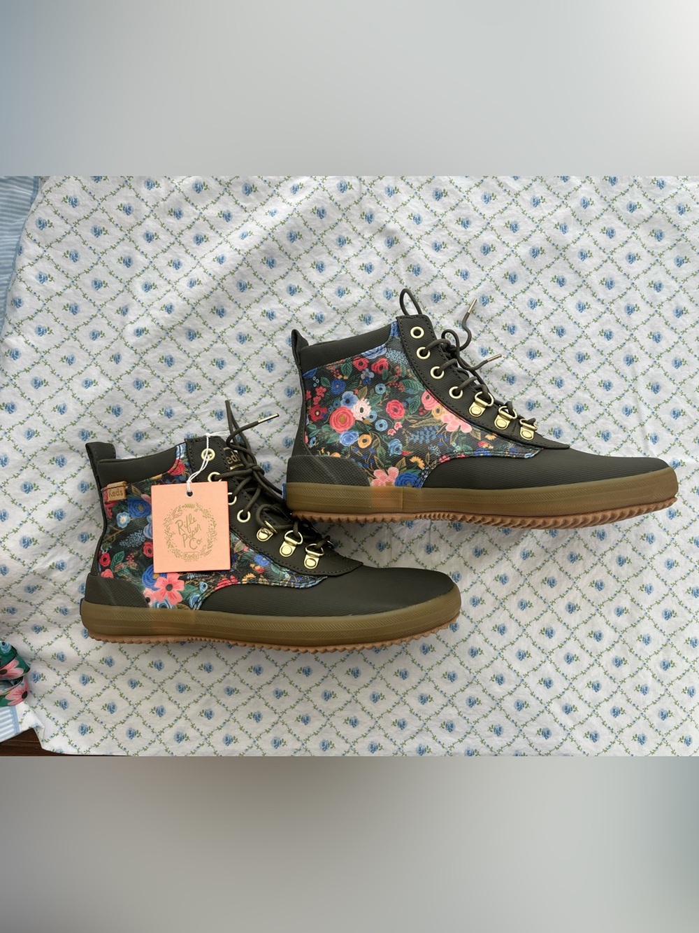 KEDS Floral Lace-Up High-Top Combat Boots in Olive Green and Multicolor, NWT